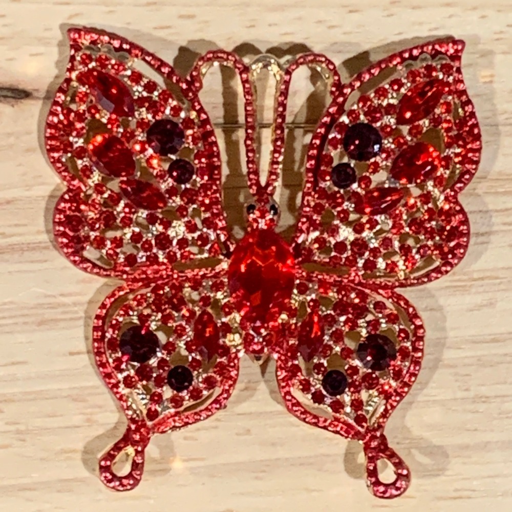 Gothic Fairy Red‎ Butterfly Rhinestone Brooch Pin Gold Tone Crystal Statement